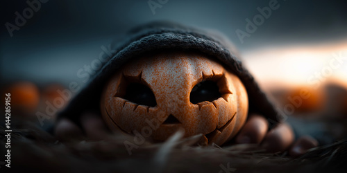 Halloween-Kürbis mit geschnitztem Gesicht und Kerze im Inneren nachts im Freien