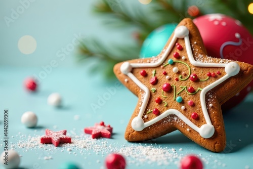 Imperfect star gingerbread, vibrant icing swirls, charming holiday imperfection , festive treat, texture, rustic
