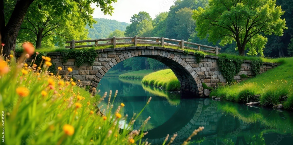 Fototapeta premium Rustic bridge arching over calm river, tall grass , ecology, bridge, green
