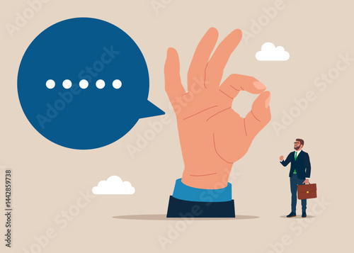 Palm shows the ok. Have lively discussion. Productive dialogue or conversation between. Flat vector illustration.