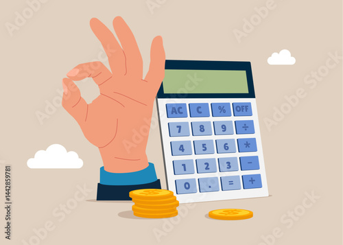 Palm shows the ok. Savings, Collecting Money in Account, Open Bank Deposit. Family Finance Budget Economy Concept. Counting money calculator. Flat vector illustration