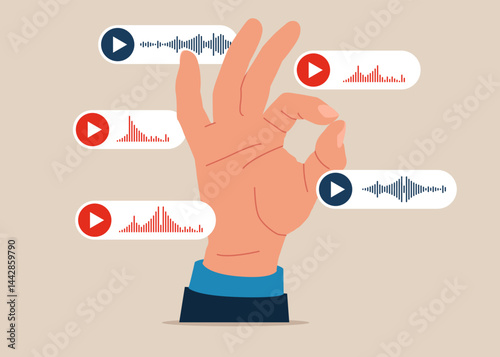 Palm shows the ok. Voice messages and sound waves. Wiretapping. Conversation, meeting, team communication. Flat vector illustration.