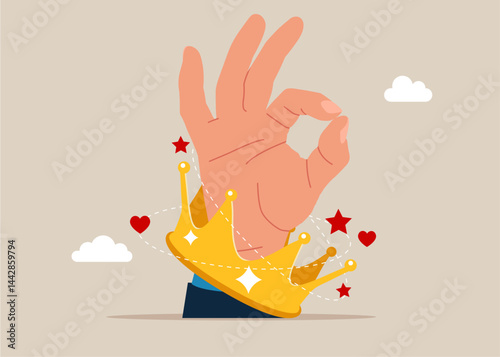 Palm shows the ok. Narcissism businessman admire himself and proud of his crown with love and stars around. Narcissist people, proud attitude. Flat vector illustration