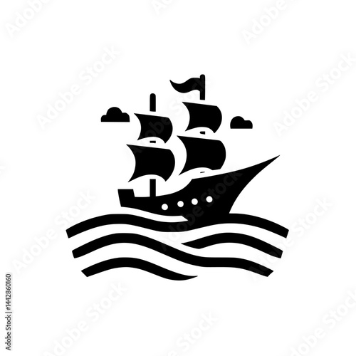 Minimalist Black Sailing Ship Icon on Stylized Waves