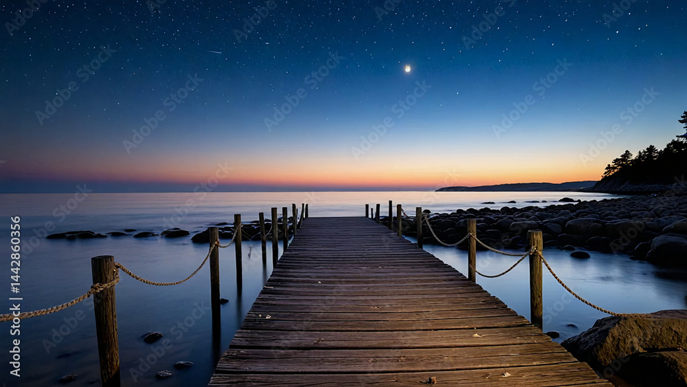 Fototapeta premium Starry pier stretches into tranquil twilight sea