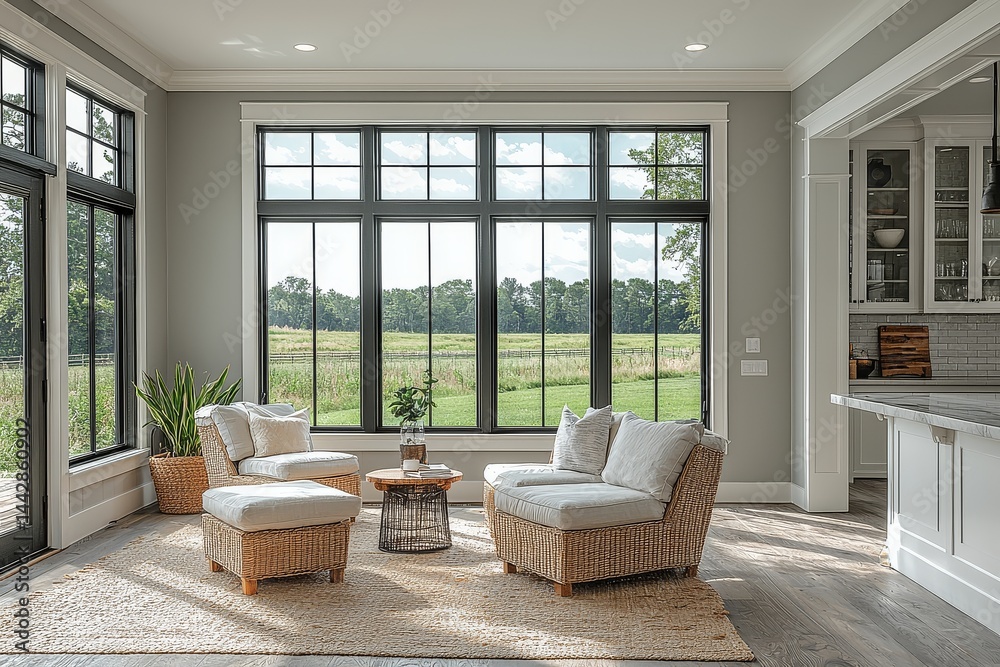 Fototapeta premium Living room with large windows, gray walls, white trim, small bar table and chairs, and a view of ranch land, in a modern farmhouse-style home with bright natural light.