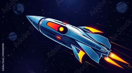 Wallpaper Mural Retro Cartoon Rocket Ship in Colorful 1950s Sci-Fi Style with Fiery Exhaust, Comic Book Aesthetic, Vintage Spacecraft Design, Planets, Stars, Vector Illustration, and Nostalgic Space Adventure, image Torontodigital.ca
