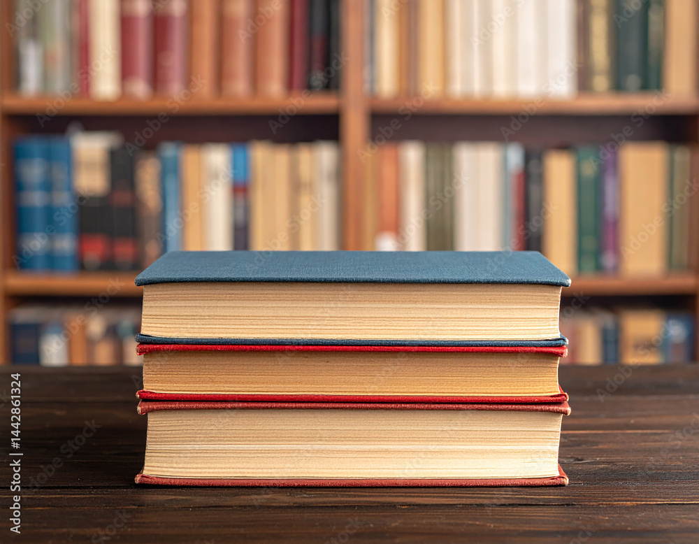 Stack of old books with blank hard covers on dark wooden table, blurred shelves with books. Mock-up Stack of old books with blank hard covers on dark wooden table, blurred shelves with books. Mock-up