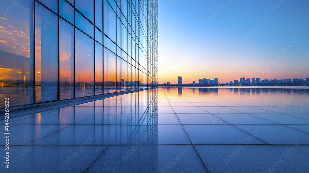 Obraz premium modern glass building reflecting on calm water at sunset, creating serene atmosphere