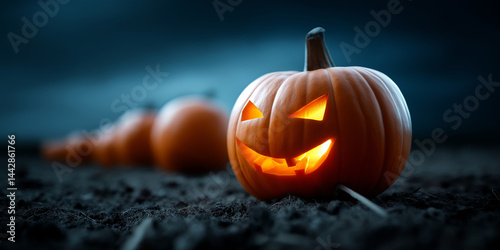 Beleuchtete Halloween-Kürbisse in einer Reihe bei Nacht, gruselige Stimmung