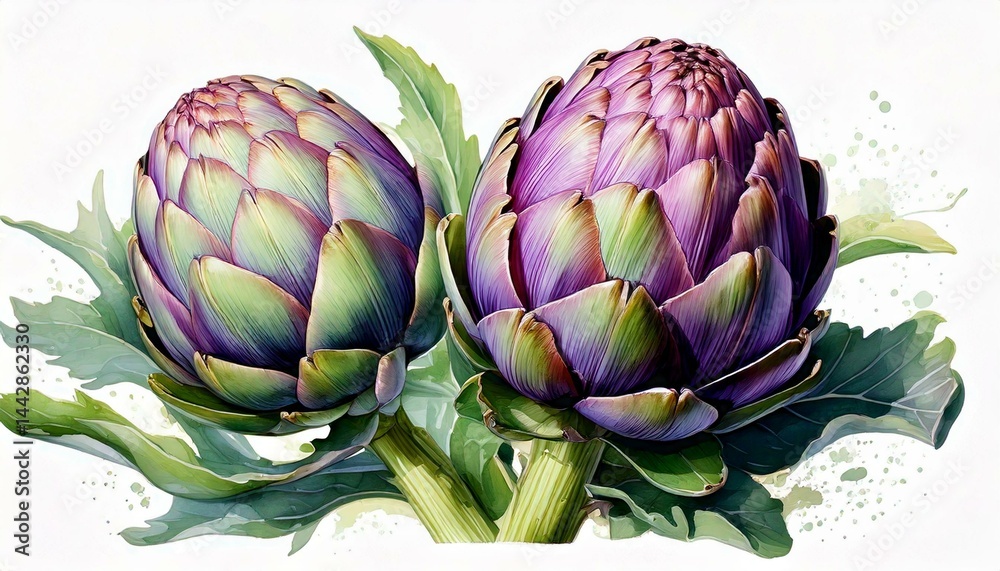 Fototapeta premium Artichokes green and purple watercolor illustration isolated on white transparent background.