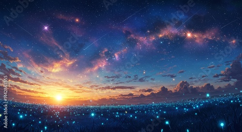 Glowing Field at Sunset with Starry Sky and Cosmic Clouds