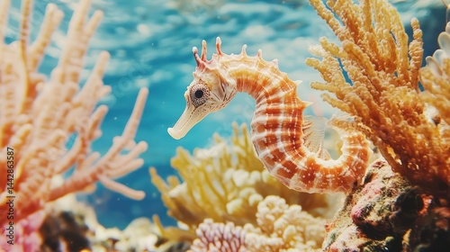 Seahorse in coral reef aquarium photo