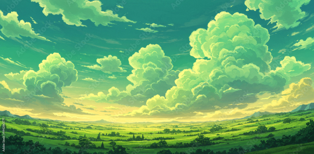 Fototapeta premium Green Field Landscape with Clouds Artistic Illustration of Serene Countryside