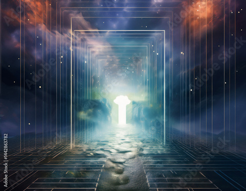 幾何学的な通路の先にある光の扉。それは死と再生の境界であり、通ることで存在そのものが再構築される。空間は宇宙と接続し、記憶と未来が交差する。