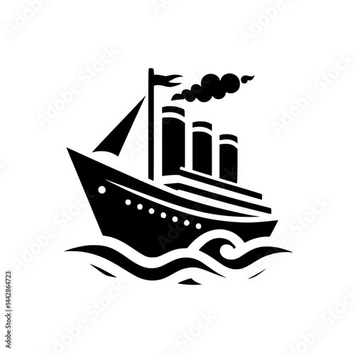 Vintage Steamship Ocean Liner Black and White Vector Illustration on Waves. Classic Nautical Travel Icon Graphic Element.
