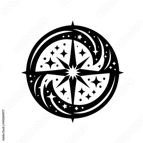Cosmic Star Compass Icon Black and White Graphic Symbol