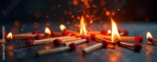 Scattered matches, heads down, poised to ignite, detail, matches