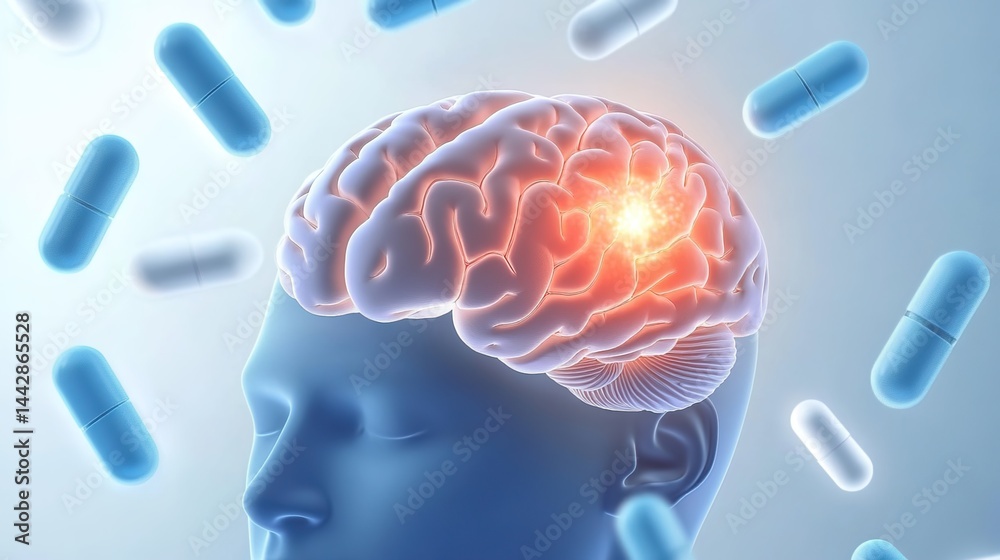 Obraz premium Side-view of a human head with detailed brain, floating capsules, and glowing neural areas.