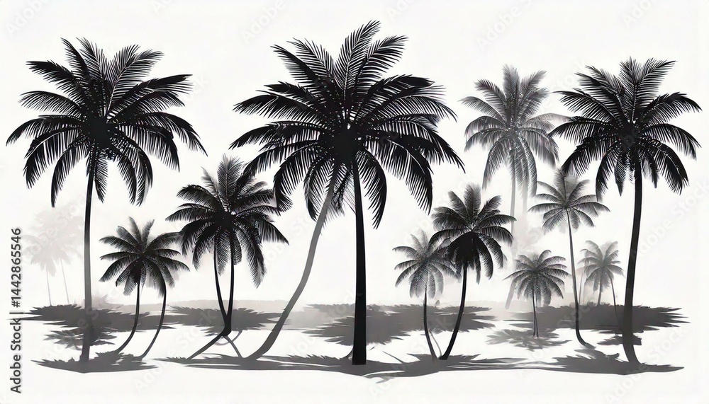 Obraz premium Black palm silhouettes. Tropical trees shadows. Variety beach palms with leaves. Oasis, para
