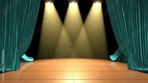 Velvet green theater curtains part as spotlight illuminates the stage for a performance