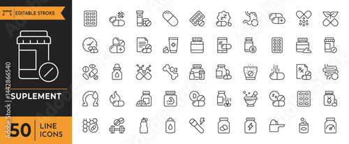 Suplement line icon set. Contains icons related to Vitamins and Nutritional Supplements. Editable stroke. Vector illustration