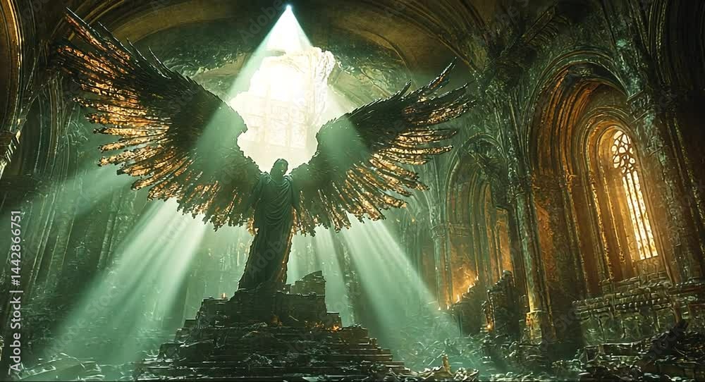 Majestic angel statue with outstretched wings in a sunlit, abandoned ...