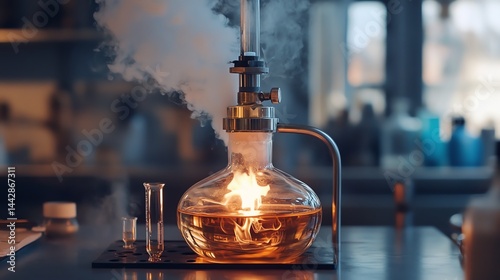 A laboratory flask with a fiery chemical reaction emits smoke, surrounded by scientific equipment on a workbench.