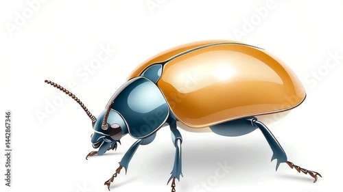 A shiny, stylized beetle with blue legs and head, and an orange shell, depicted on a clean white background.