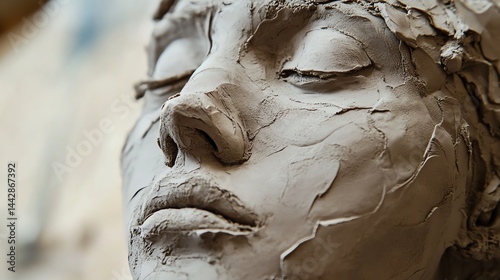 A close-up of a serene clay sculpture face with detailed textures and closed eyes.