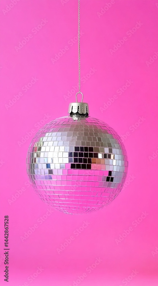 Fototapeta premium Mirrored disco ball hanging against a pink background.