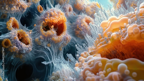 Intricate abstract microbial landscape with vibrant colors and organic forms