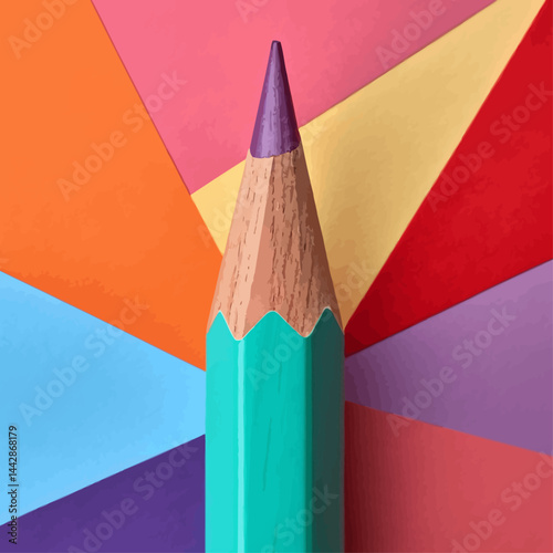 Creative Concept with Colored Pencil on Vibrant Geometric Paper Background