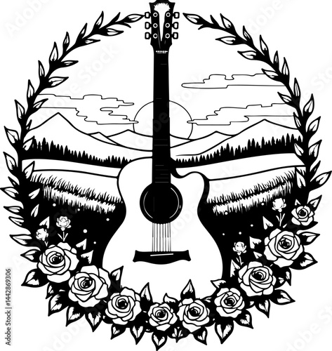 Acoustic Guitar with Floral Wreath and Landscape