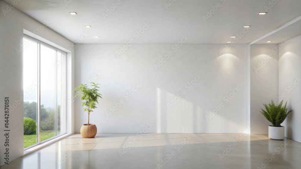 Fototapeta premium Bright, minimalist empty room with large window and potted plants