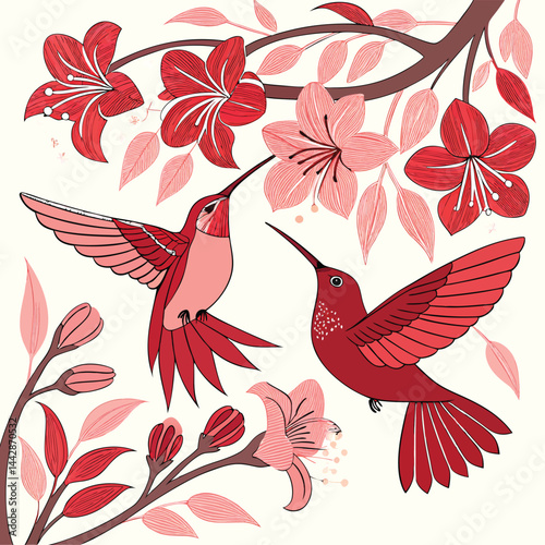 boho style Illustration of colibri birds in wall art design. 