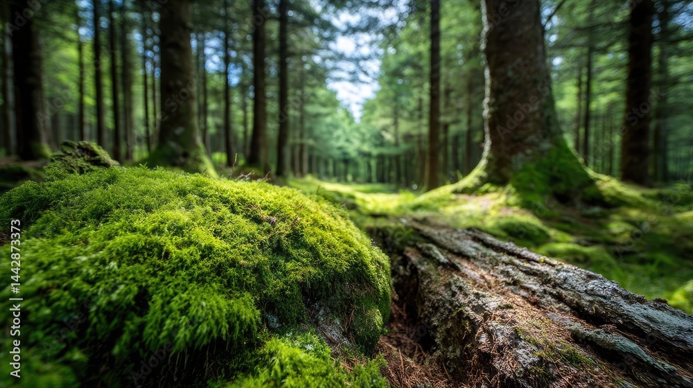 Obraz premium Green moss across peaceful landscape with natural beauty concept. Tranquil forest scene showcasing moss-covered rocks and tall trees.
