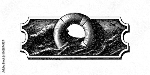 Vintage engraved illustration of lifeguard symbol with lifebuoy and ocean waves