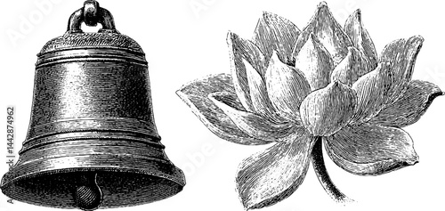 Engraved illustration of indian temple bell and lotus flower design