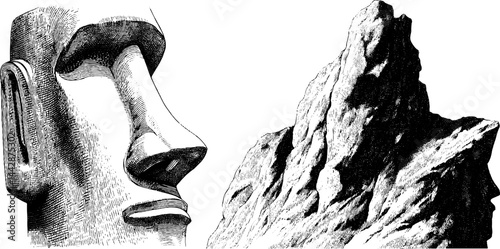 Engraved illustration of easter island moai statues