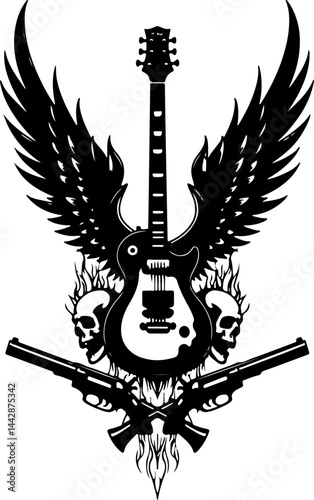 roll, Rock music, Musical instrument, Freedom, Winged Electric Guitar  skull  with Stars and Banner vector bundle