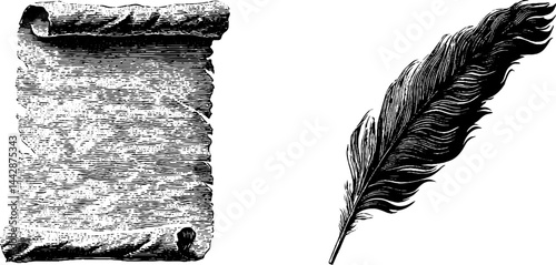 Vintage calligraphy tools: engraved quill and scroll for artistic and educational designs