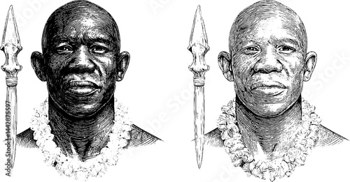 Engraved tribal leader bust with spear: cultural heritage art illustration