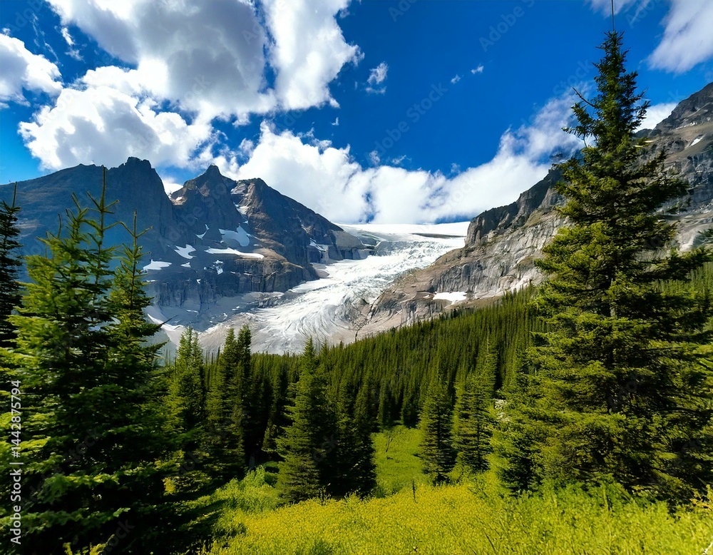 Fototapeta premium Jackson Glacier is nestled between its mountain neighbors under puffy white clouds and a bri.