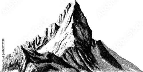 Engraved mountain peak illustration in black and white for vintage design