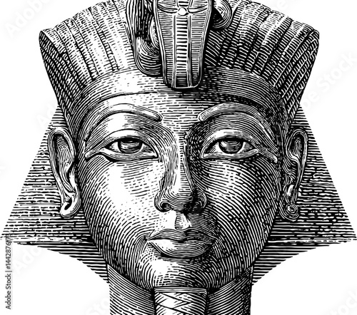 Intricate engraved illustration of pharaoh bust with nemes headdress for historical designs