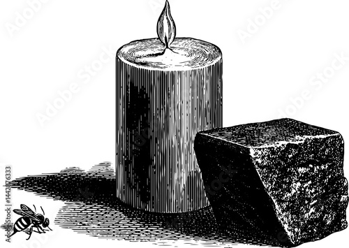 Vintage engraving of candlemaker's tools with candle and stone