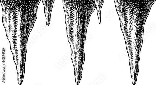 Detailed engraved depiction of midnight frost icicles for winter design themes