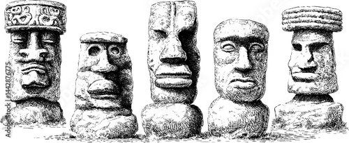 Mystical totem collection with engraved stone faces for cultural and artistic design