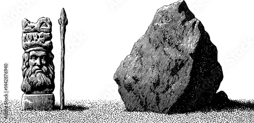 Ancient druid statue and stone monolith engraving for historical exploration and cultural study